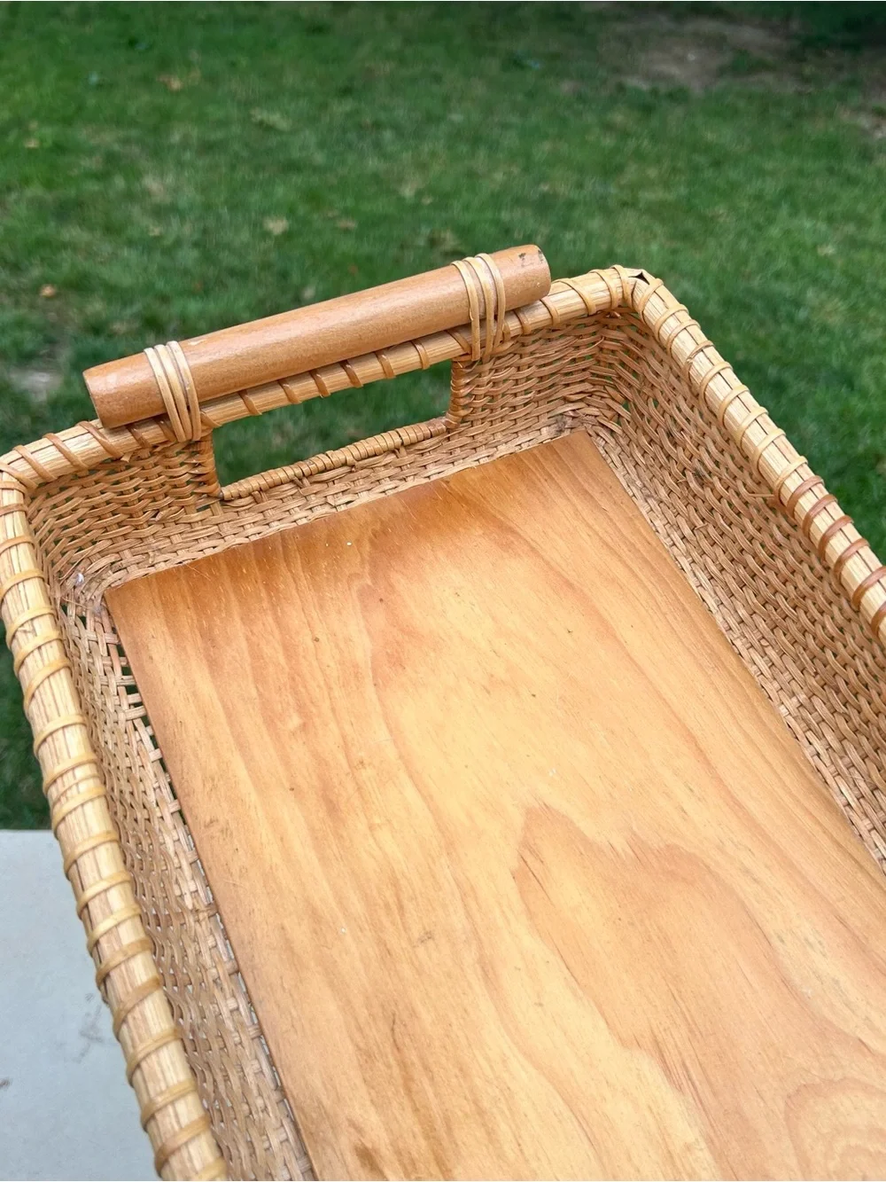 Woven Wicker Tray with Wood Base and Handles